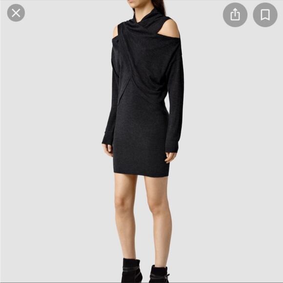ALLSAINTS | Kaddi Mini Dress Asymmetrical Knit Cut Out Wool Gray Bodycon Medium - Picture 2 of 12